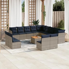 vidaXL 14 pcs conjunto sofás p/ jardim c/ almofadões vime PE cinzento