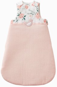 Saco de bebé sem mangas, em gaze de algodão, Eau de Rose rosa claro liso com motivo