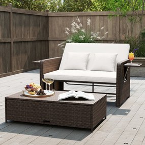 Conjunto de espreguiçadeira e sofá de rattan para jardim, 2 peças, com Pufe com espaço de arrumação, encosto ajustável e mesas dobráveis, castanho + b