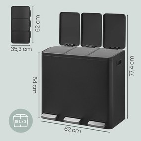 Caixote do lixo com 3 compartimentos, caixote do lixo de 3 x 18 L, 62 x 35,3 x 54 cm com pedal e tampa com fecho suave preto