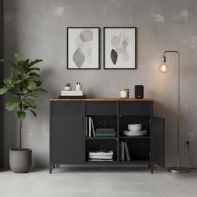 Aparador, armário de arrumação 40 x 110 x 76 cm com porta dupla em metal e madeira, fecho magnético castanho-preto