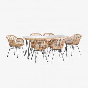 Conjunto De Mesa Retangular De Vime Sintético Leribert (180x90 Cm) E 6 Cadeiras De Jantar De Vime Sintético Zole Natural & Sem Almofada - Sklum