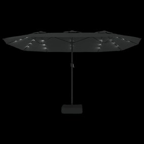Guarda-sol de jardim c/ cabeça dupla/luzes LED 449x245 cm preto