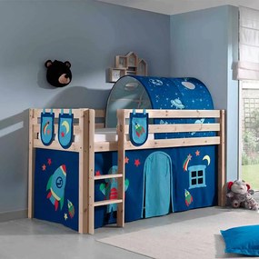 Conjunto Cama alta de Criança PINO 90 x 200 cm + estrado + escada + cortina + 3 bolsas + túnel Espaço Natural