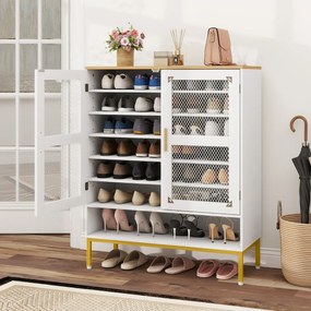 Sapateira de 7 níveis 80 x 37 x 106 cm com portas de malha Organizador moderno para sapatos em madeira com prateleiras ajustáveis Branco