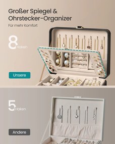 Caixa para joias 17,6 x 22 x 11 cm com duas camadas, espelho e tabuleiro flexível Preta