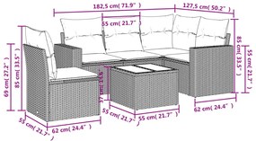 6 pcs conjunto sofás de jardim com almofadões vime cinzento