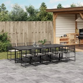 11 pcs conjunto de jantar p/ jardim c/ almofadões vime PE preto