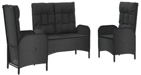 3 pcs conjunto de jantar p/ jardim c/ almofadões vime PE preto