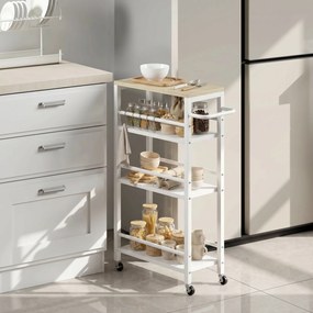 Carro de serviço de cozinha de 4 níveis, com Rodas, porta-toalhas e 6 ganchos, 50 x 20 x 81 cm, carvalho