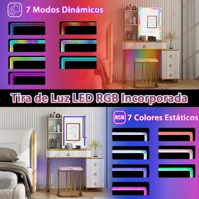 Toucador de maquilhagem RGB com espelho 4 gavetas 7 luzes LED dinâmicas 7 luzes LED estáticas Banco e portas USB tipo C para o quarto Branco