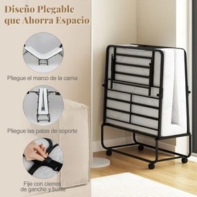 Cama portátil dobrável com colchão Estrutura metálica Rodas com fecho 194 x 90 x 40cm Branco