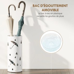 Suporte guarda-chuvas cilíndrico Ø 17 x 41 cm com suporte para guarda-chuvas, tabuleiro de gotejamento amovível e 4 ganchos, , branco