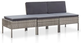 Conjunto lounge de jardim c/ almofadões 3 pcs vime PE cinzento