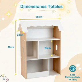 Estante infantil de 3 níveis, 70 x 33 x 92 cm em forma de casa, com prateleiras abertas, organizador de brinquedos em madeira para sala de jogos, quar