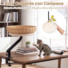 Cama-rede para gatos giratória de 360° para gatos 40,5 x 49,5 cm, em rattan, com almofada removível e bola suspensa, para secretária, escritório ou ca