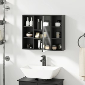 Móvel de casa de banho parede com espelho 60 x 14,5 x 49,4 cm, armário com portas e 6 compartimentos abertos, preto