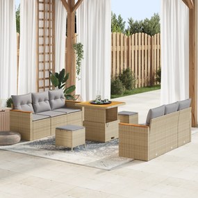 Conjunto de Sofá de Jardim vidaXL 9 Peças com Almofadas Bege Rattan Sintético Acácia