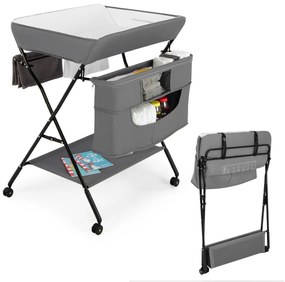 Trocador fraldas duplo com rodas Berço 4 em 1 Altura regulável em 3 níveis Mesa Secadora Fraldas 81 x 70 x 106,5 cm Cinza