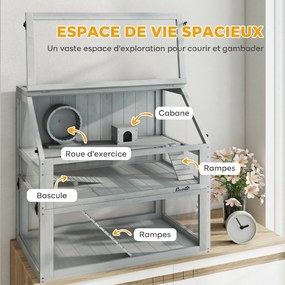 Gaiola para hamsters  80 x 50 x 76 cm e roedores com 3 níveis, base removível e funda, casinha, Baloiço, cinzento claro
