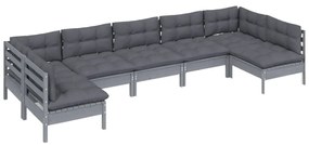 7 pcs conjunto lounge de jardim + almofadões pinho maciço cinza