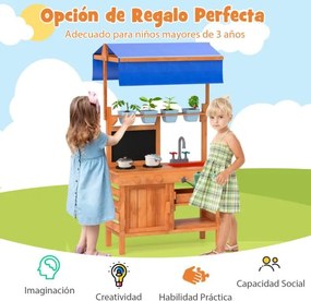 Cozinha de brincar em madeira com toldo ajustável Ardósia ajustável Copos de plantação Fogões Fogão Lava-loiça Forno e gaveta exterior