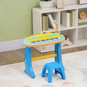 Piano eletrónico infantil de 37 teclas, com microfone, banco, luz LED e função de gravação e reprodução azul