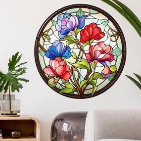 Autocolante redondo - Vitral Art Nouveau com flores românticas