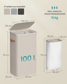 Cesto de roupa suja 42 x 32 x 75 cm prático com compartimentos e tampa bege cappuccino