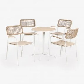 Conjunto De Mesa De Jardim Redonda Ø65 Cm E 4 Cadeiras De Jardim Empilháveis Em Aço E Madeira De Acácia Tilda Gardénia Branco - Sklum