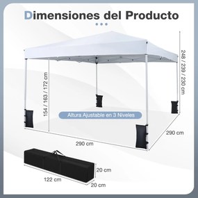 Tenda dobrável instantânea de 3x3 m com 4 pesos areia, saco de transporte, proteção solar e Estrutura de aço para jardim, festas, eventos, Branca