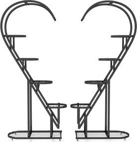Conjunto de 2 suportes metálicos de 5 níveis para plantas com escada em forma de coração e gancho para pendurar 71 x 30,5 x 148 cm Pretos