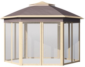 Outsunny Tenda Dobrável 4,05x3,4x2,85 m Tenda de Jardim Hexagonal com 6 Mosquiteiras Amovíveis e Altura Ajustável Bege