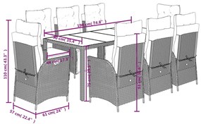 9 pcs conjunto de jantar p/ jardim c/ almofadões vime PE cinza