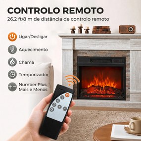 Lareira Elétrica Decorativa 1800W com Efeito de Chama de 3 Níveis, Termóstato, Temporizador e Comando, cor Madeira Natural