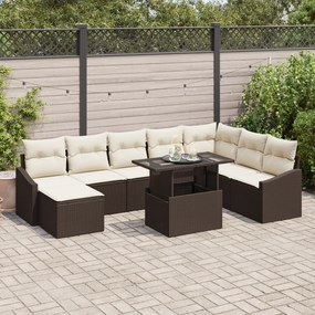 Conjunto de Sofá de Jardim de 9 Peças com Almofadas Castanho em Rattan
