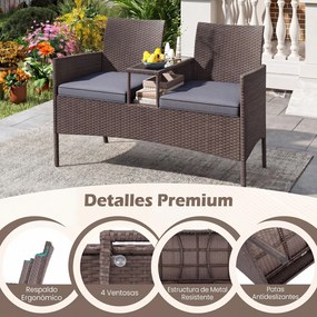 Banco jardim de rattan com mesinha para 2 pessoas em vidro temperado 62 x 124 x 84 cm, estante aberta, estrutura metálica, almofadas e capas laváveis,