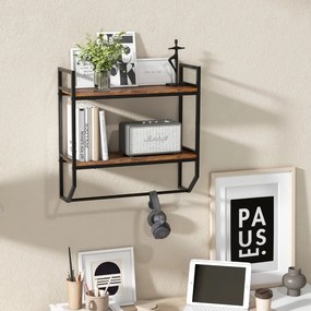 Prateleira flutuante de 2 níveis com toalheiro com estrutura metálica para parede de sala, cozinha e casa de banho 59 x 20 x 58 cm Castanho