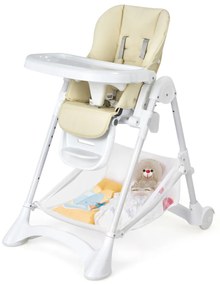 Cadeira Refeição Bebé Alta Cadeira de Jantar Dobrável com Rodas Altura da Almofada em PU Dupla Removível 89 x 57 x 105 cm Bege