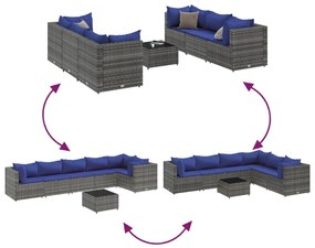 7 pcs conjunto lounge de jardim c/ almofadões vime PE cinzento