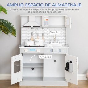 HOMCOM Cozinha Infantil de Madeira para Crianças acima de 3 Anos Cozinha de Madeira Infantil com Luz Sons Acessórios Utensílios Exaustor Lavatório e Microondas 60x29x84cm Cinza