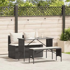 3 pcs conjunto de jantar p/ jardim c/ almofadões vime PE preto