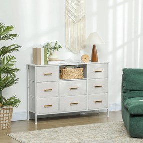 Cómoda com 8 gavetas em tecido felpudo, móvel de arrumação com 2 tomadas, estrutura em aço 110 x 30 x 76 cm, cor creme