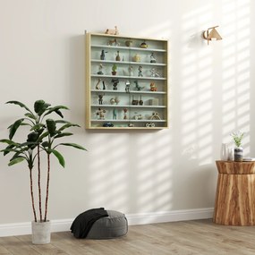 Vitrine para coleção, vitrine de parede, 80 x 9,5 x 83 cm, 6 prateleiras com altura ajustável, 2 portas de correr em vidro branco, e cor carvalho