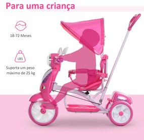 HOMCOM Triciclo para crianças acima de 3 anos Triciclo evolutivo dobrável com funções de luz e música Toldo Forma DE Motocicleta 102x48x96 cm Rosa