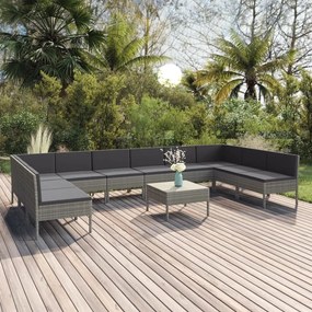 11 pcs conjunto lounge de jardim c/ almofadões vime PE cinzento