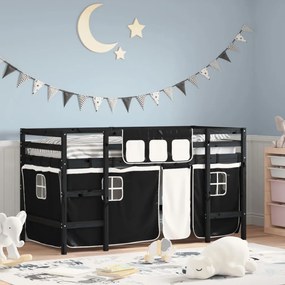vidaXL Cama alta criança c/ cortina 90x190 pinho maciço branco/preto