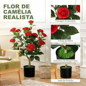 Planta Artificial de Camélia 65 cm com Flores Realistas de Seda 116 Folhas e Efeito de Musgo Vermelho