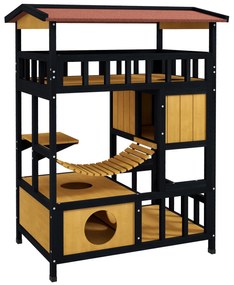 PawHut Casa para Gatos de Madeira 84x60x116 cm Abrigo para Gatos de 4 Níveis para Exterior com Ponte Suspensa Varanda Natural | Aosom Portugal
