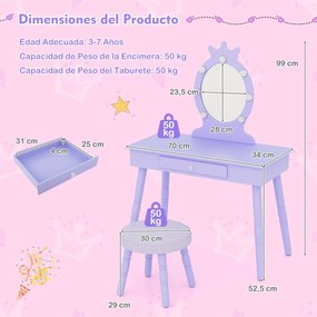 Conjunto de Toucador infantil com espelho iluminado e cadeira de princesa com brilho ajustável Gaveta e banquinho acolchoado roxo